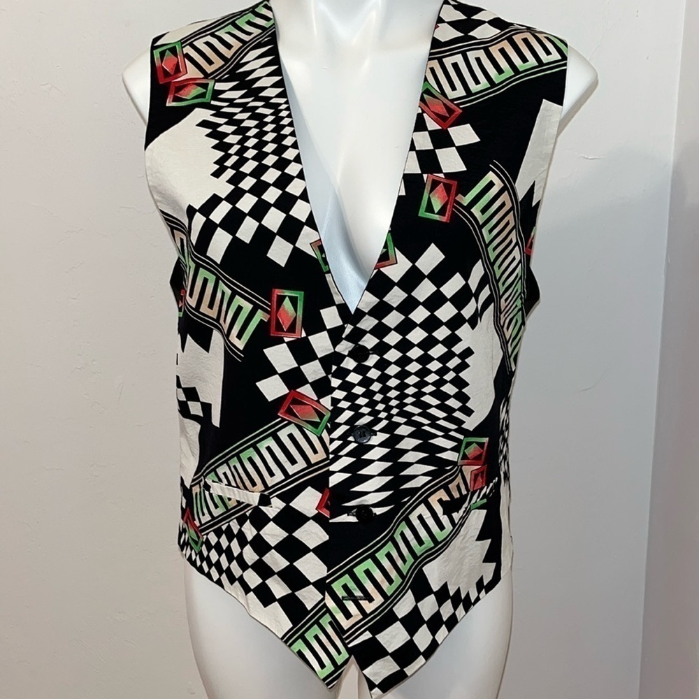 Vintage Mel Howard Black White Neon Geometric Vest Size Medium